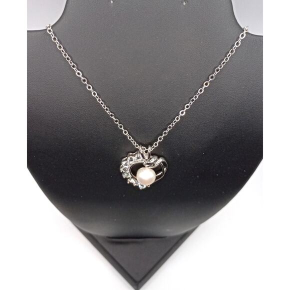 Heart Pendant Necklace with Freshwater Pearl on 24" Stainless Steel Chain - Picture 2 of 3
